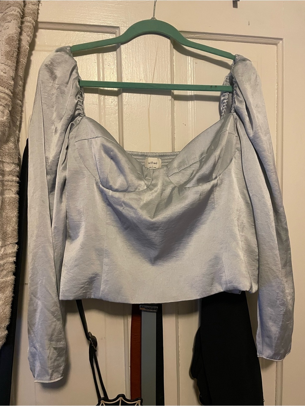 Aritzia Wilfred Light Blue Satin Puff-Sleeve Crop Top